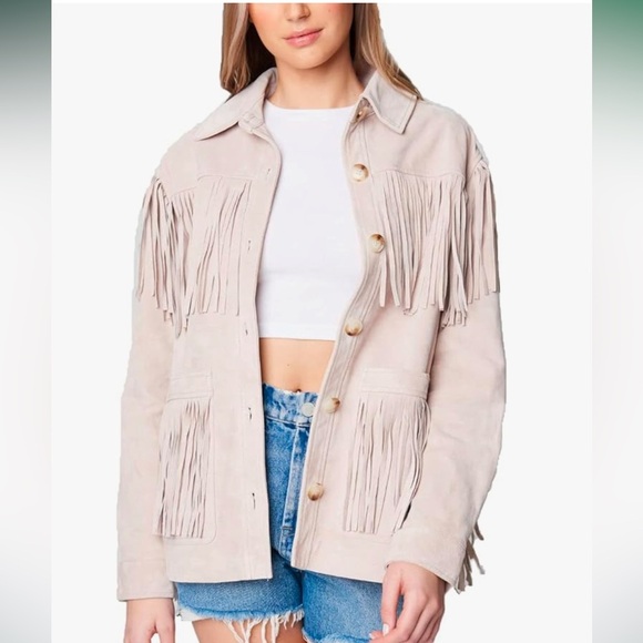 BlankNYC peony fringe 100% leather suede jacket shirt coat button down 2 pockets - Picture 1 of 16
